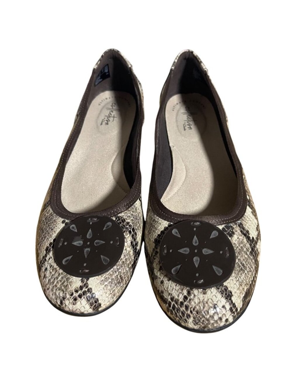 Clarks Womens Snake Print Ballet Flats Size 9.5W Slip-On Comfort Shoes